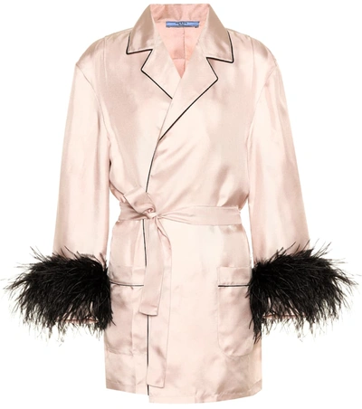 Prada Feather-embellished Silk-twill Robe In Opaline+nero