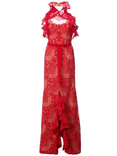 Marchesa Notte Ruffled Guipure Lace Gown In Red