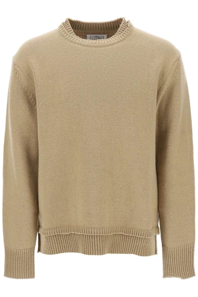 Maison Margiela Crew Neck Sweater With Elbow Patches In Beige Wool