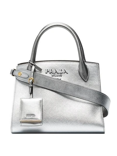 Prada Silver Monogram Leather Tote Bag - Metallic