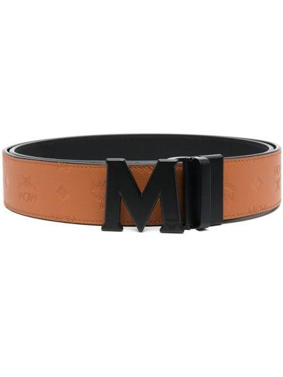 Mcm Men's Claus Leather Logo Buckle Belt In Roasted Pecan
