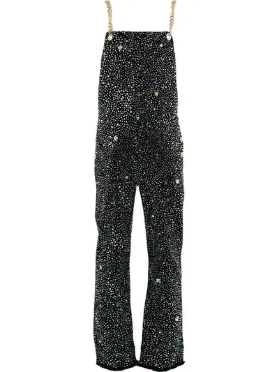 Balmain Crystal-embellished Chain-strap Denim Overalls In Black