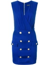 Balmain Sleeveless V-neck Mini Cocktail Dress With Button-details In Blue