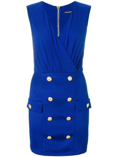 Balmain Sleeveless V-neck Mini Cocktail Dress With Button-details In Blue