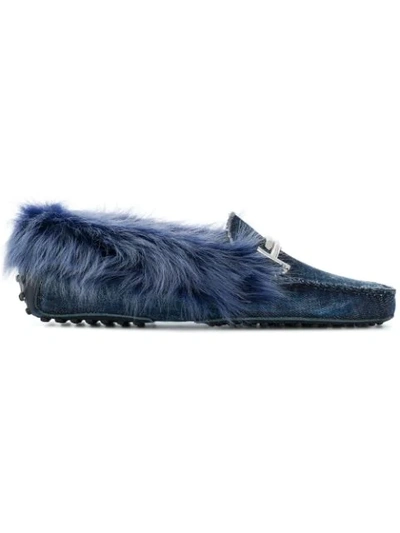 Tod's Gommino Fur-lined Denim Loafers In Blue