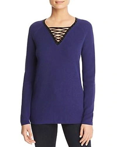 Nic And Zoe Plus Nic+zoe Plus A Little Edge Lace-up Sweater In Electric Blue