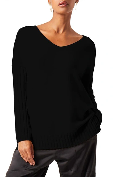 French Connection Ribbed Sleeve V-neck Sweater In Black