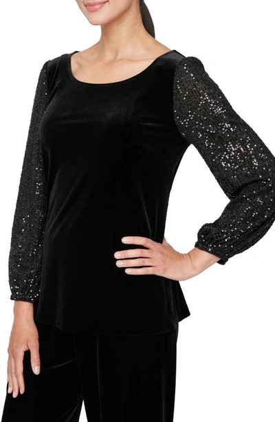 Alex Evenings Women's Velvet Sequined-sleeve Scoop-neck Top In Black