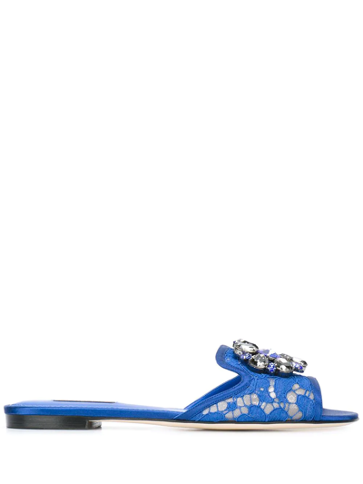 Dolce & Gabbana Embellished Corded Lace And Lizard-effect Leather Slides In Blue
