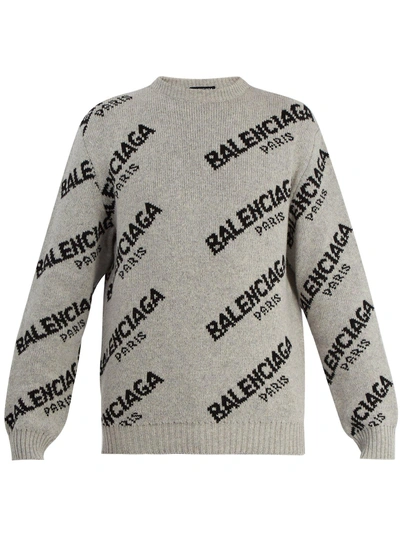 Balenciaga Logo-jacquard Crew-neck Knit Sweater In Grey | ModeSens