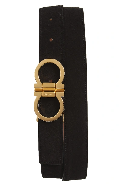 Ferragamo Men's Double-gancini Suede Belt In Black