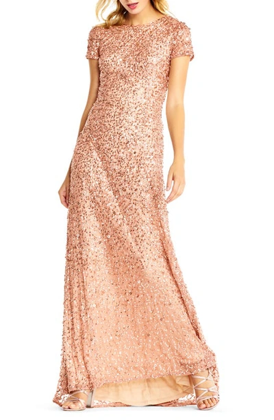 Adrianna Papell Short Sleeve Sequin Mesh Gown In Rose Gold