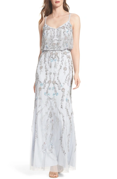 Adrianna Papell Floral Beaded Blouson Gown In Serenity Blue