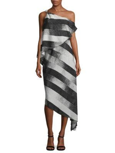Halston Heritage Stripe Asymmetric Dress In Black Chalk