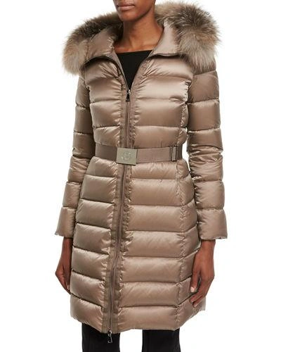 Moncler Tinuviel Shiny Quilted Puffer Coat W/fur Hood In Light Beige