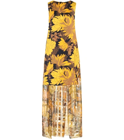 Dries Van Noten Domy Sleeveless Short Floral Dress W/ Lurex Chiffon Back Drape In Yellow