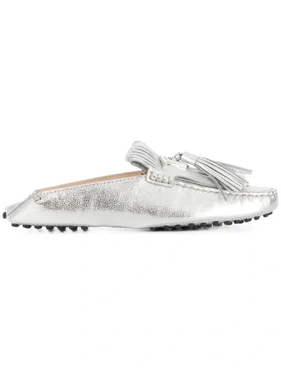 Tod's Gommino Metallic Leather Slippers In Silver