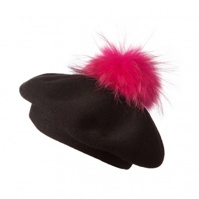 Popski London Bella Beret Fur Pom Pom Hat Black With Hot Pink Fur Pom Pom