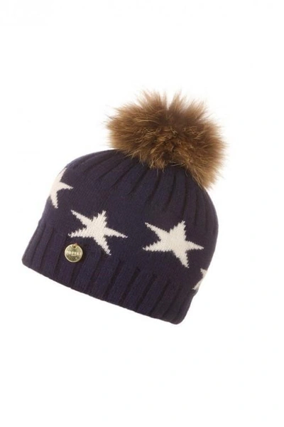 Popski London Faux Fur Angora Pom Pom Hat With Stars - Navy