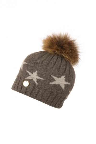Popski London Faux Fur Angora Pom Pom Hat With Stars - Charcoal