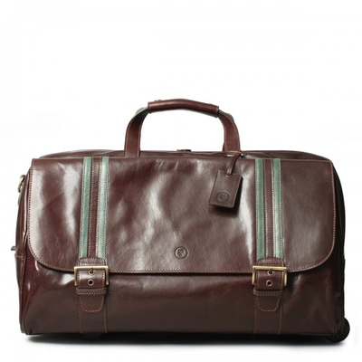 Maxwell Scott Bags Finest Quality Mens Brown Leather Travel Bag With Wheels In Dark Chocolate Brown