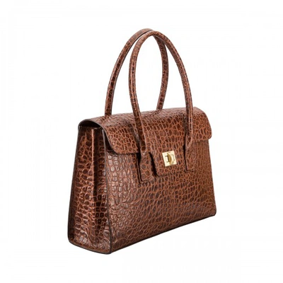 Maxwell Scott Bags Highend Brown Mock Croc Leather Business Handbag For Women In Choc Croco