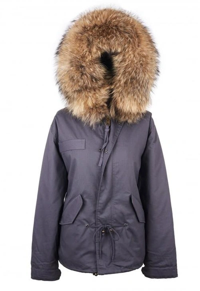 Popski London Grey Parka Jacket With Natural Raccoon Fur Collar