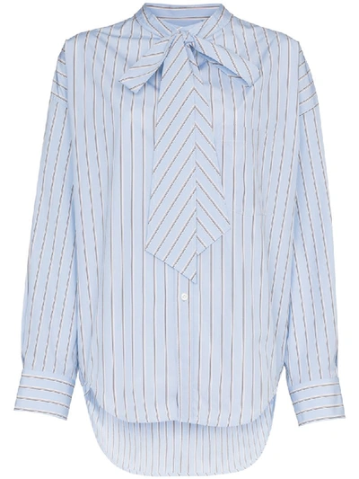 Balenciaga Button-down Striped Cotton Swing Shirt With Logo & Tie Detail In Blue