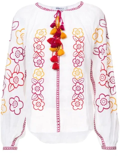 March11 Nina Embroidered Linen Blouse With Tassel Ties In White