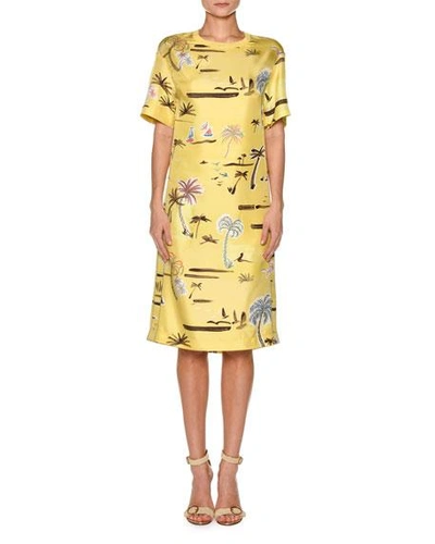 Agnona Crewneck Short-sleeve Palm-tree Print Knit Dress In Yellow