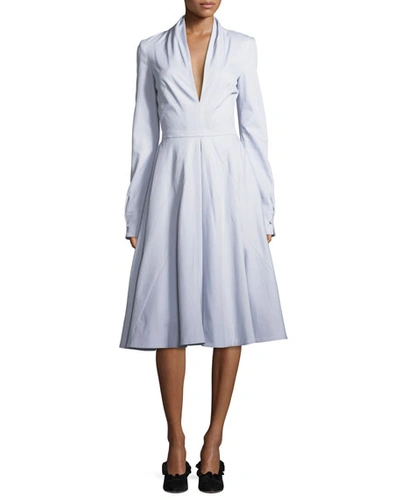 Brandon Maxwell Deep-v Long-sleeve Cotton Twill Fit-and-flare Midi Dress In Light Blue