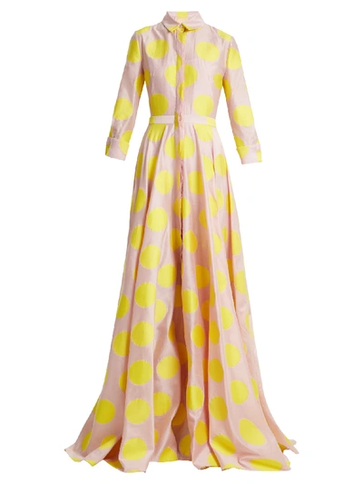 Carolina Herrera 3/4 Sleeve Dot-print Fil Coup&eacute; Trench Gown In Lotus Pink Yellow