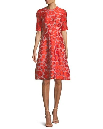 Lela Rose Holly Elbow-sleeve Fit-and-flare Jacquard Dress In Orange