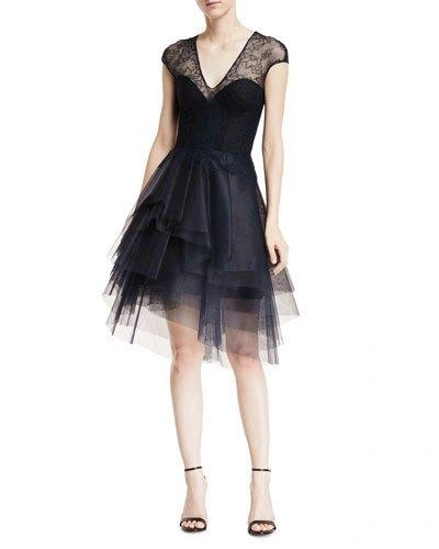 Monique Lhuillier Plunging Cap-sleeve Chantilly-lace Dress With Tiered Skirt In Black Pattern