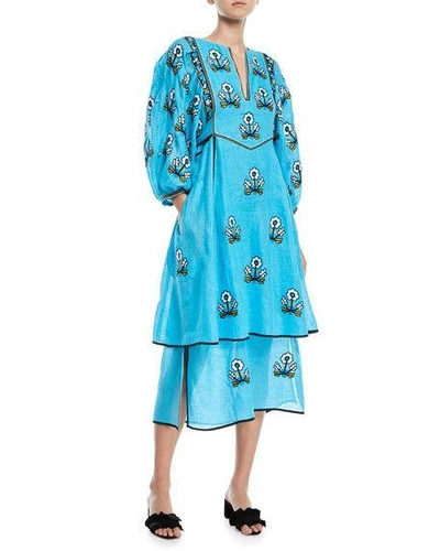 Vita Kin Sunflower-embroidered Puff-sleeve 2-tier Linen Maxi Dress In Turquoise