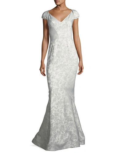 Zac Posen Party Jacquard Sweetheart-neck Cap-sleeve Evening Gown In Silver