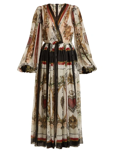 Dolce & Gabbana Long-sleeve V-neck Playing Card-print Chiffon Gown In Multi