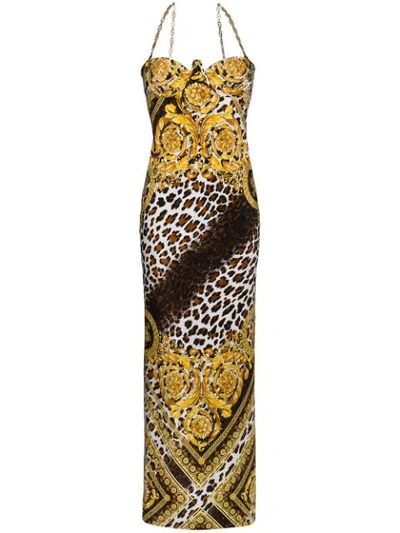 Versace Sleeveless Baroque Leopard-print Column Evening Gown With Chain Straps In Black