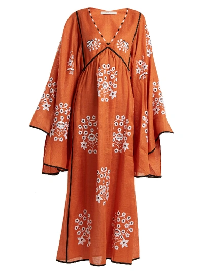 Vita Kin V-neck Bell-sleeve Pigeon-floral Embroidered Linen Maxi Dress In Orange