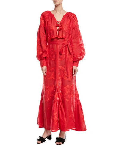 Vita Kin Round-neck Long-sleeve Embroidered Linen Maxi Dress In Red