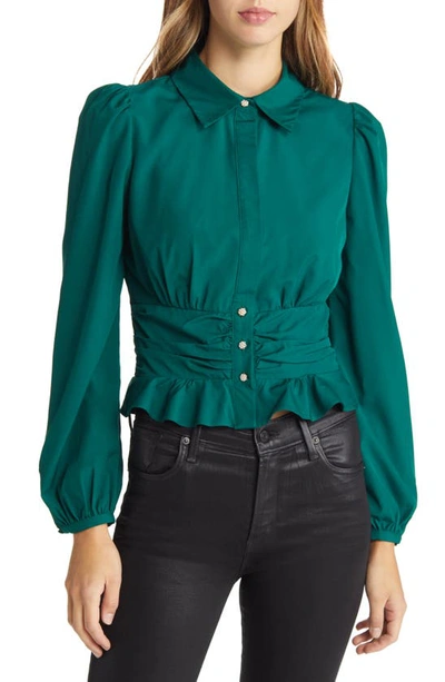 Nikki Lund Mandara Embellished Puff Sleeve Button-up Shirt In Green