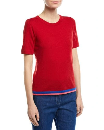 Escada Crewneck Short-sleeve Virgin Wool Top With Contrast Trim In Red