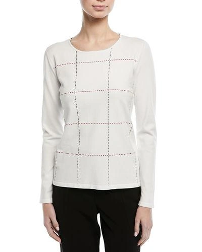 Escada Crewneck Long-sleeve Grid-stitch Pullover Top In Off White