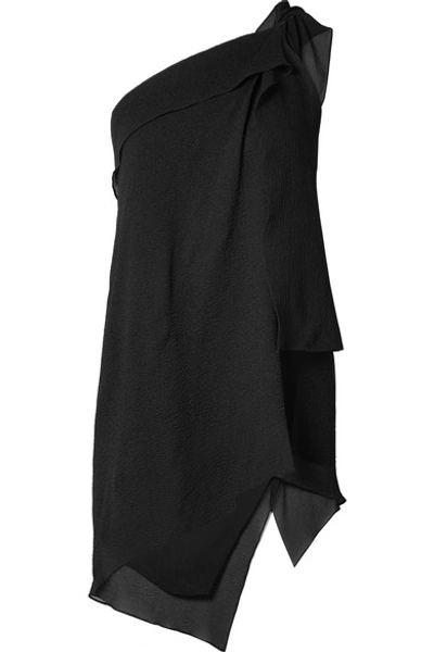 Roland Mouret Bilton One-shoulder Draped Asymmetric Textured Silk Top In Black