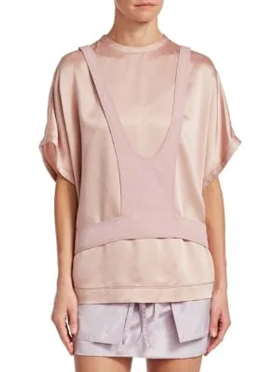 Valentino Short-sleeve Hammered Satin Blouse With Overlay Detail In Light Pink