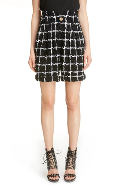 Balmain High-waist Windowpane Tweed Shorts In Black/ White