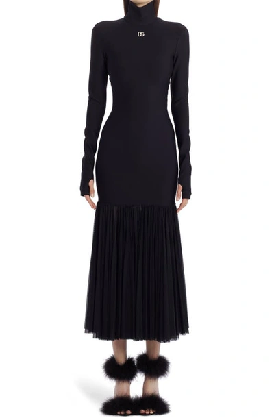 Dolce & Gabbana Long Sleeve Scuba Knit & Tulle Turtleneck Midi Dress In Nero