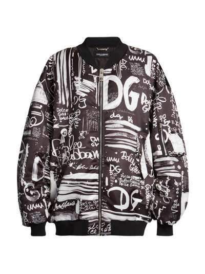 Dolce & Gabbana Graffiti Print Satin Bomber Jacket In Black