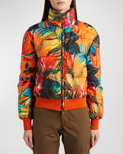 Ralph Lauren Thelma Tropical-print Horizontal Puffer Bomber In Orange Multi