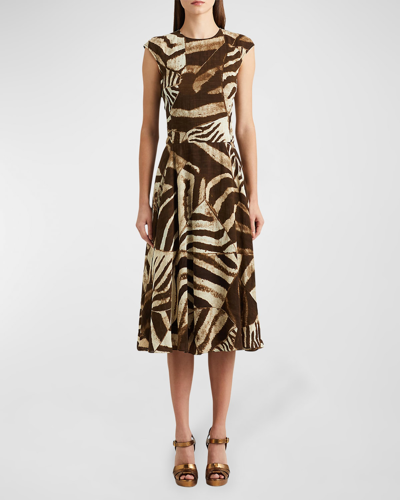 Ralph Lauren Omeria Jungle-print Linen Midi Day Dress In Brown Cream Multi